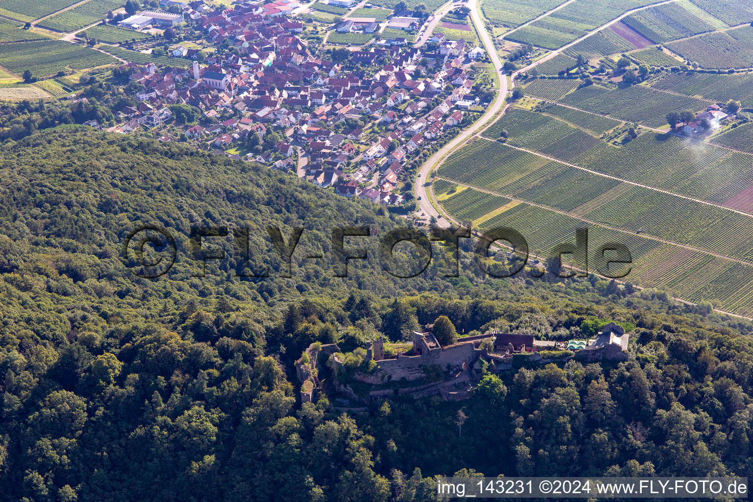 Madenburg, Von Wäldern umgebene Überreste einer Hügelburg aus dem 11. Jahrhundert mit Restaurant von Westen in Eschbach im Bundesland Rheinland-Pfalz, Deutschland