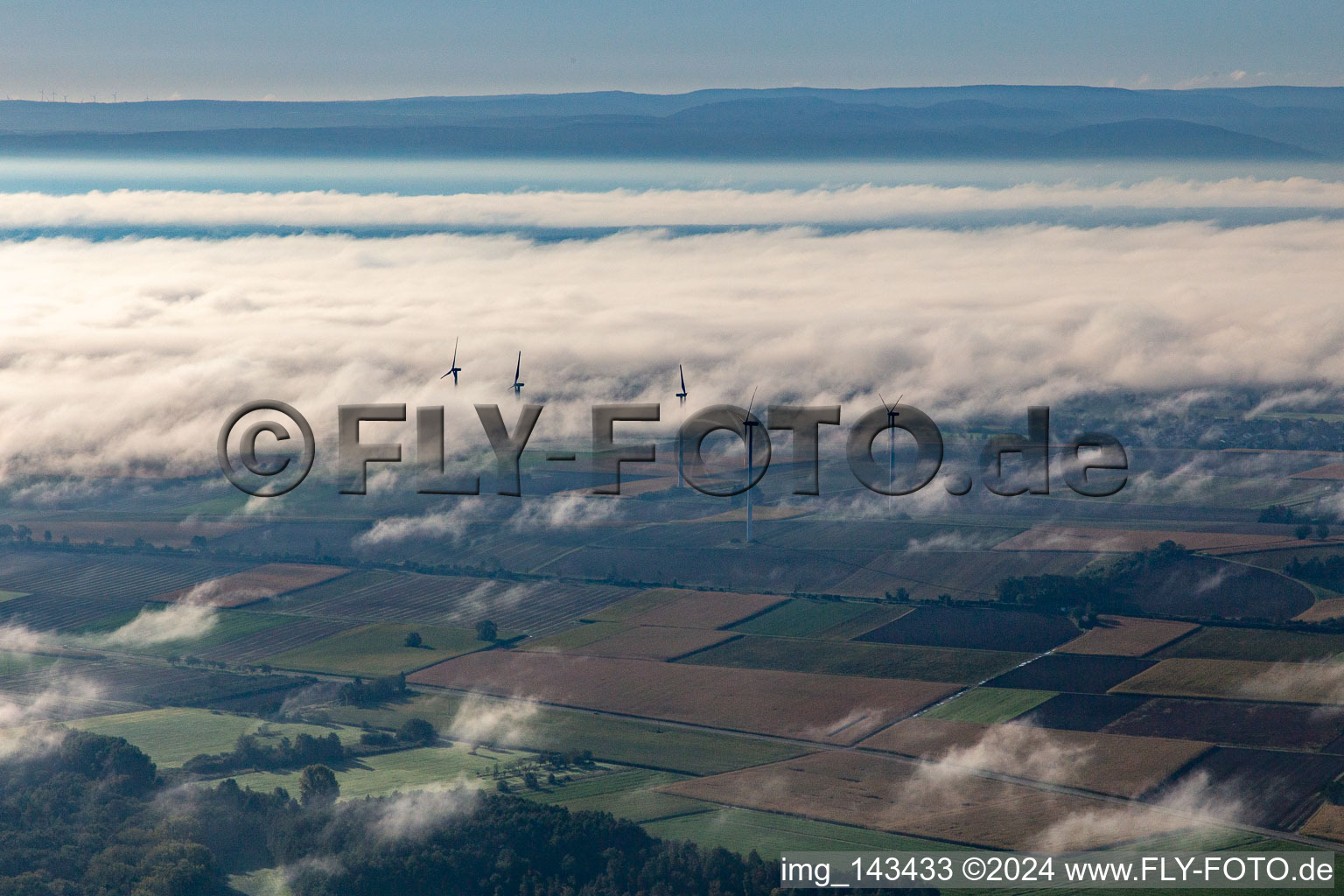 Windpark bei Minfeld in Wolken im Bundesland Rheinland-Pfalz, Deutschland