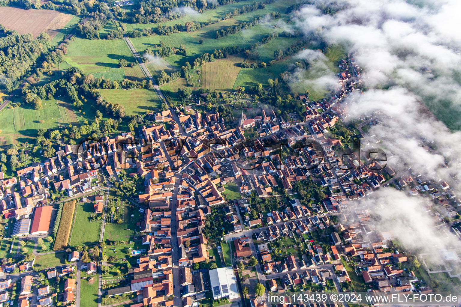 Luftbild von Ortschaft am Wolkenrand in Steinweiler im Bundesland Rheinland-Pfalz, Deutschland