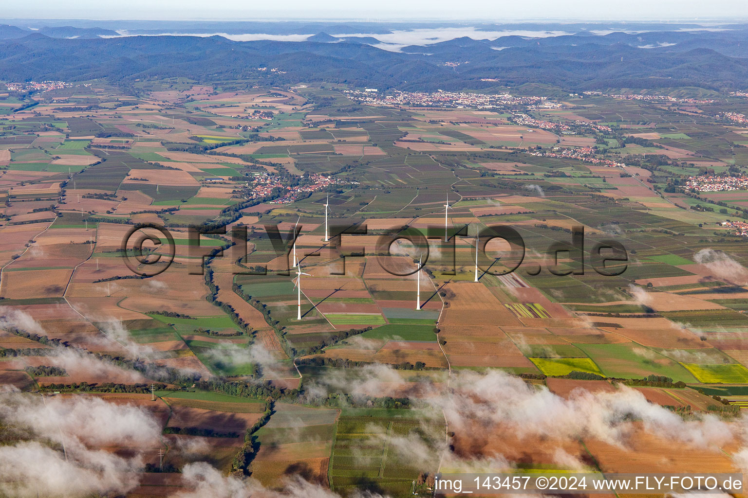 Windpark bei Freckenfeld mit Wölkchen im Bundesland Rheinland-Pfalz, Deutschland