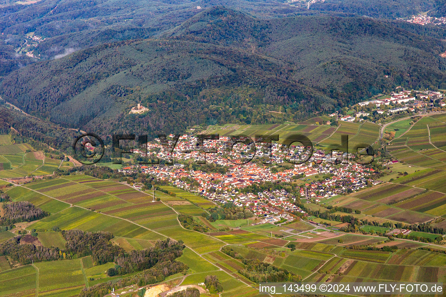 Luftbild von Ortschaft von Osten in Klingenmünster im Bundesland Rheinland-Pfalz, Deutschland