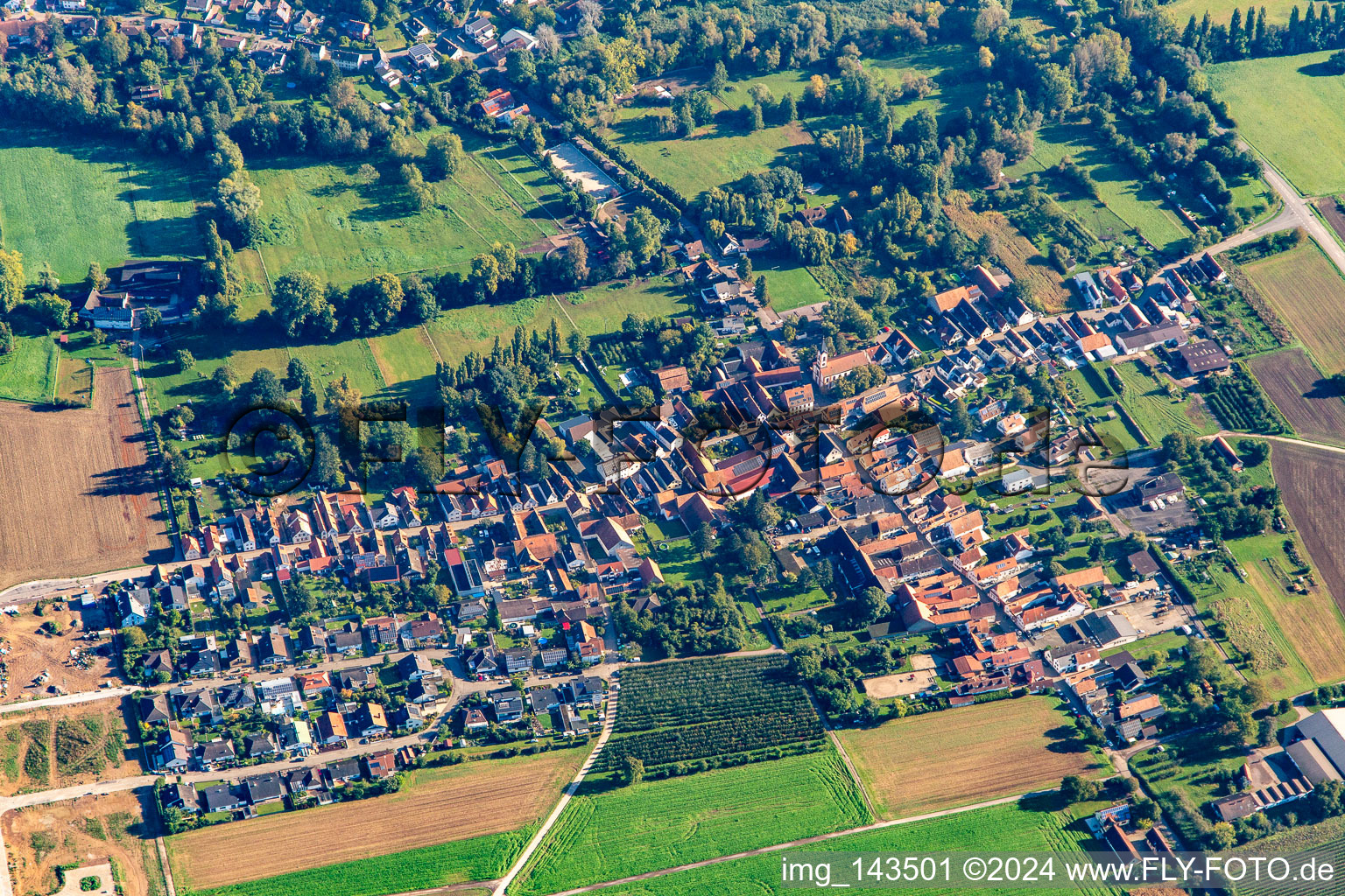 Dorf von Süden im Ortsteil Mühlhofen in Billigheim-Ingenheim im Bundesland Rheinland-Pfalz, Deutschland