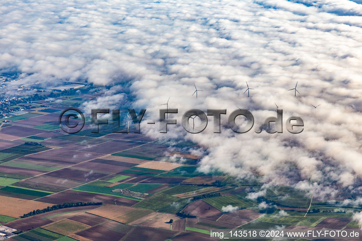 Windpark bei Offenbach teilweise in Wolken in Offenbach an der Queich im Bundesland Rheinland-Pfalz, Deutschland