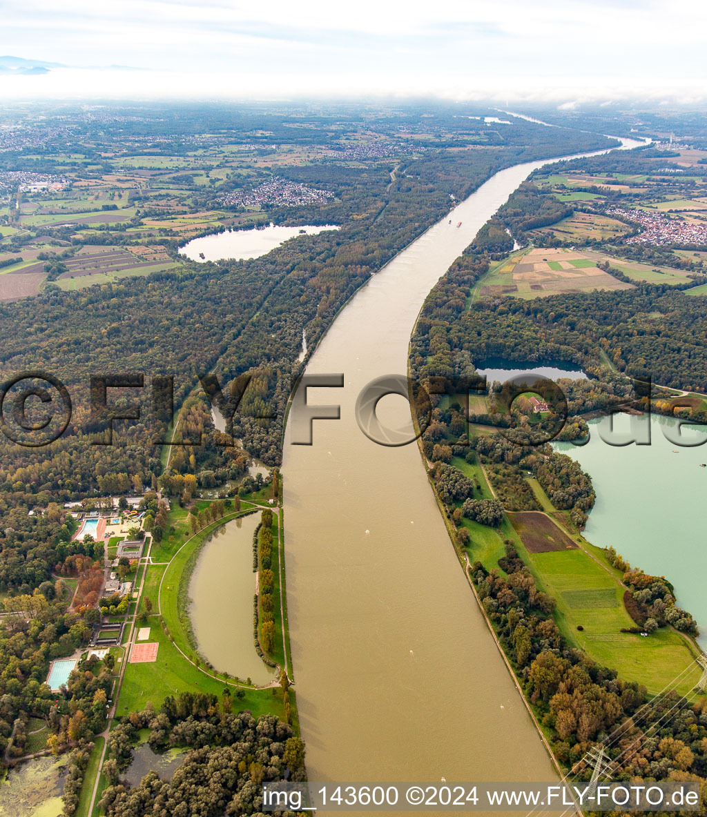 Luftaufnahme von Rhein mit Hochwasser am Rheinstrandbad Rappenwört im Ortsteil Daxlanden in Karlsruhe im Bundesland Baden-Württemberg, Deutschland