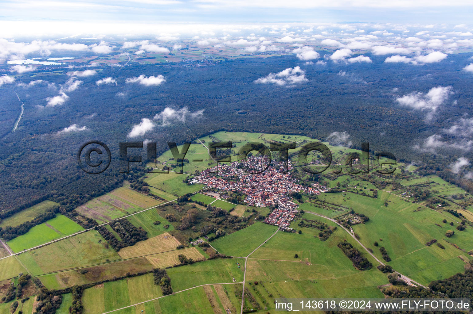 Eine Insel im Bienwald unter Wolken im Ortsteil Büchelberg in Wörth am Rhein im Bundesland Rheinland-Pfalz, Deutschland von oben