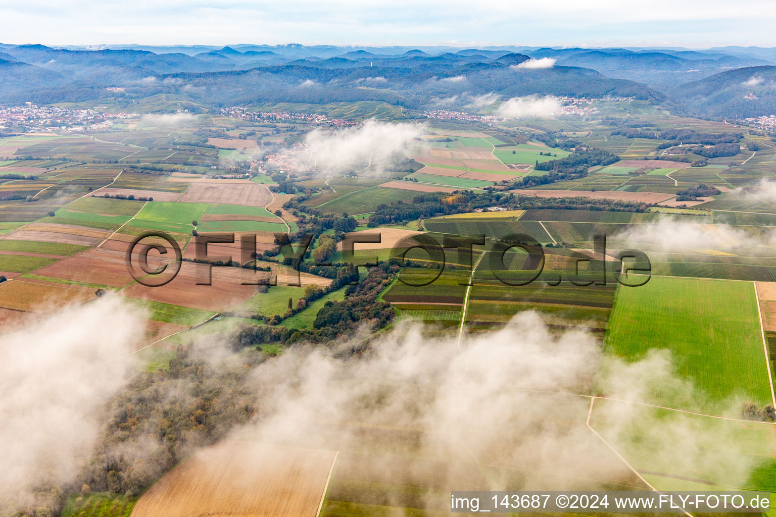 Horbachtal unter herbstlichen Wolken von Osten im Ortsteil Ingenheim in Billigheim-Ingenheim im Bundesland Rheinland-Pfalz, Deutschland