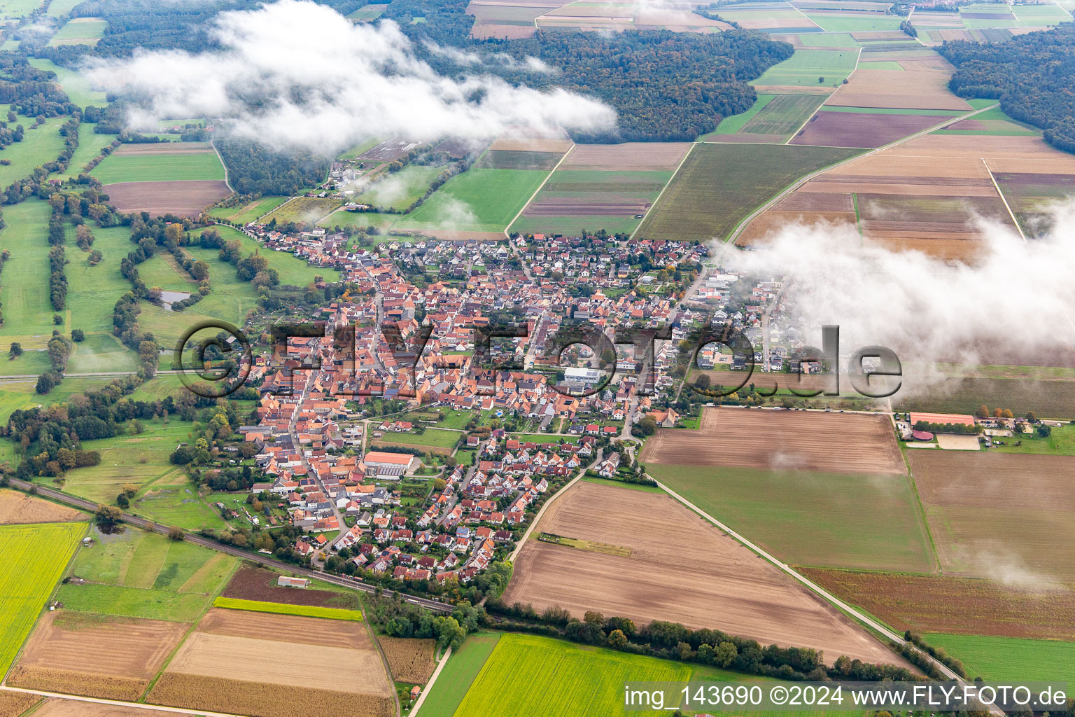 Ortschaft unter herbstlichen Wolken in Steinweiler im Bundesland Rheinland-Pfalz, Deutschland