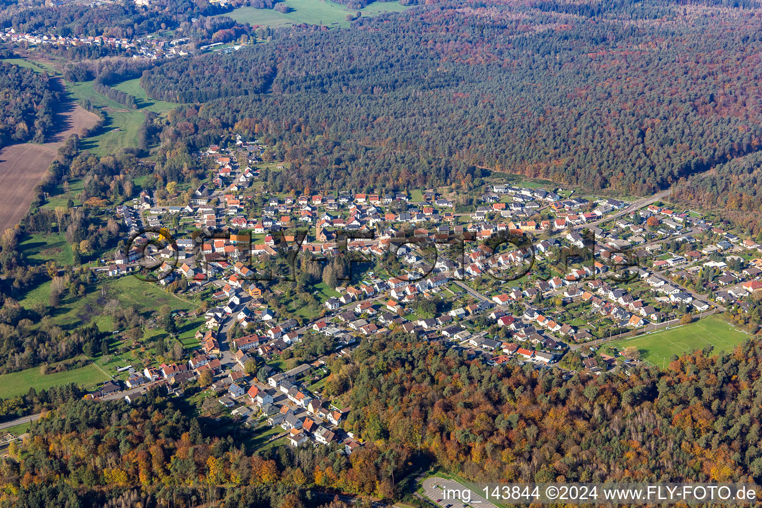 Ortschaft im Wald von Süden im Ortsteil Kleinottweiler in Bexbach im Bundesland Saarland, Deutschland