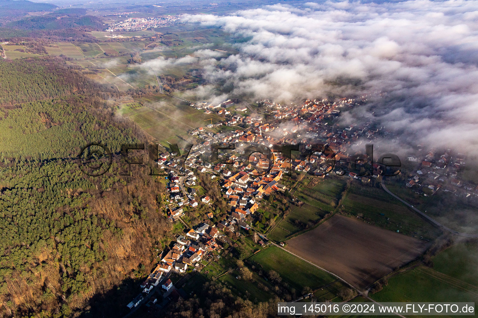 Luftbild von Ortschaft am Wolkenrand in Oberotterbach im Bundesland Rheinland-Pfalz, Deutschland