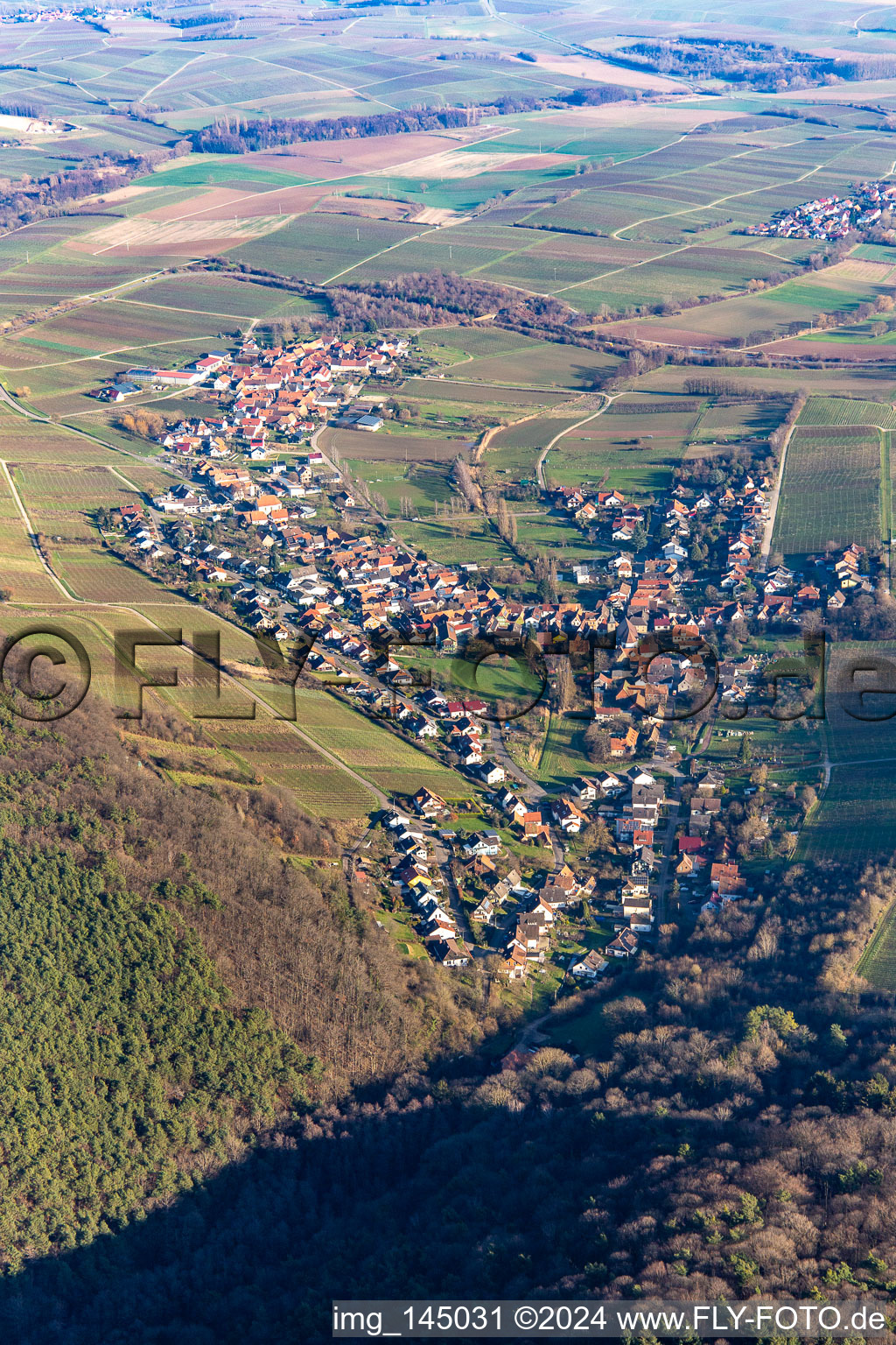 Ortschaft am Haardtrand von Südwesten im Ortsteil Pleisweiler in Pleisweiler-Oberhofen im Bundesland Rheinland-Pfalz, Deutschland