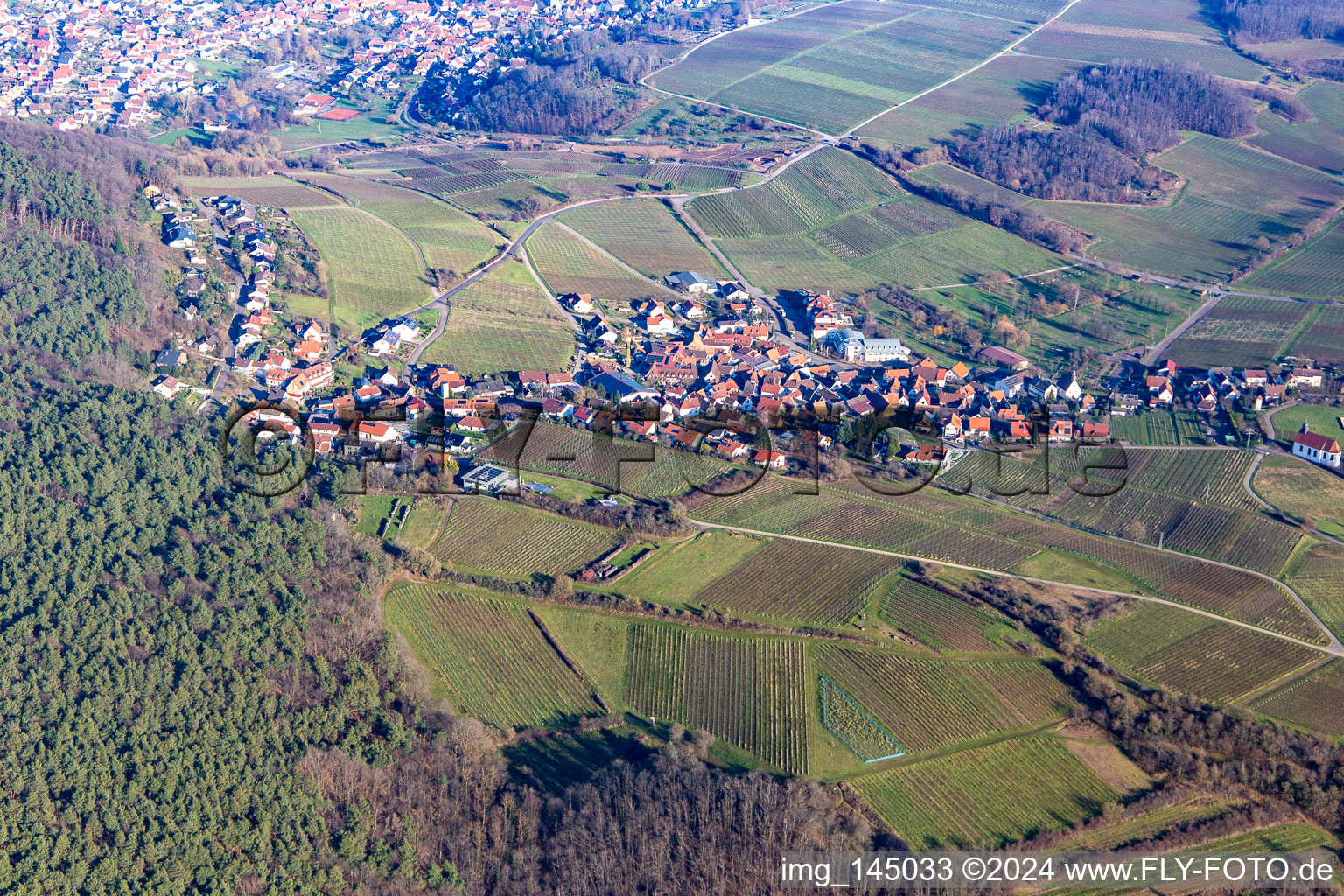 Weinort am Haardtrand von Südwesten im Ortsteil Gleiszellen in Gleiszellen-Gleishorbach im Bundesland Rheinland-Pfalz, Deutschland