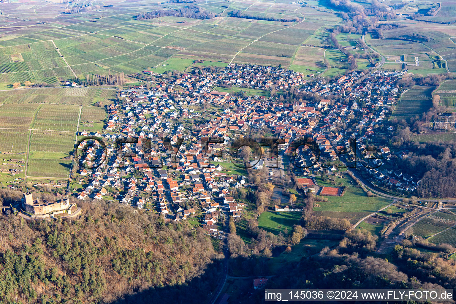 Weinort am Haardtrand unter der Landeck-Burgruine von Westen in Klingenmünster im Bundesland Rheinland-Pfalz, Deutschland