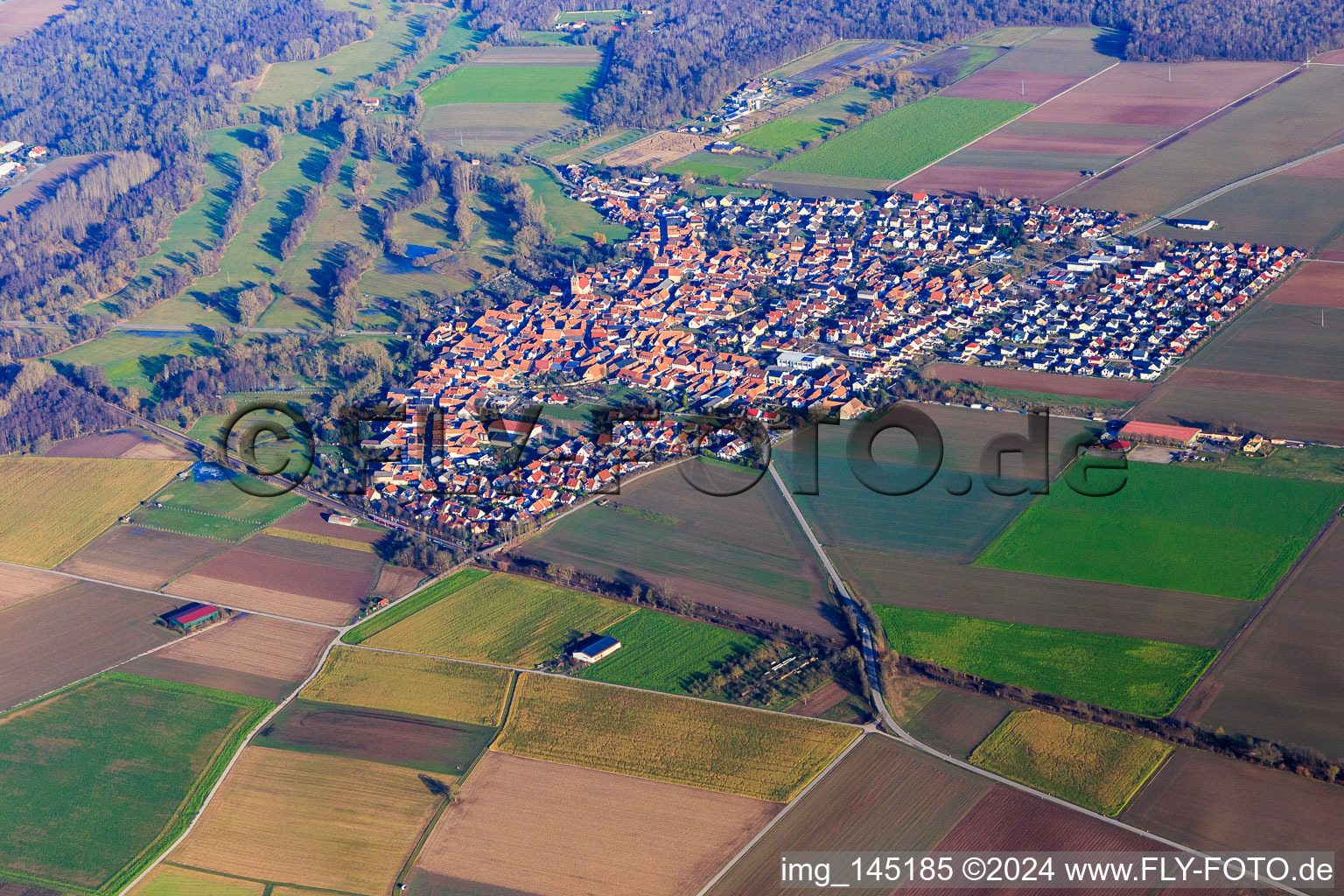 Luftbild von Ortsansicht von Südwesten in Steinweiler im Bundesland Rheinland-Pfalz, Deutschland