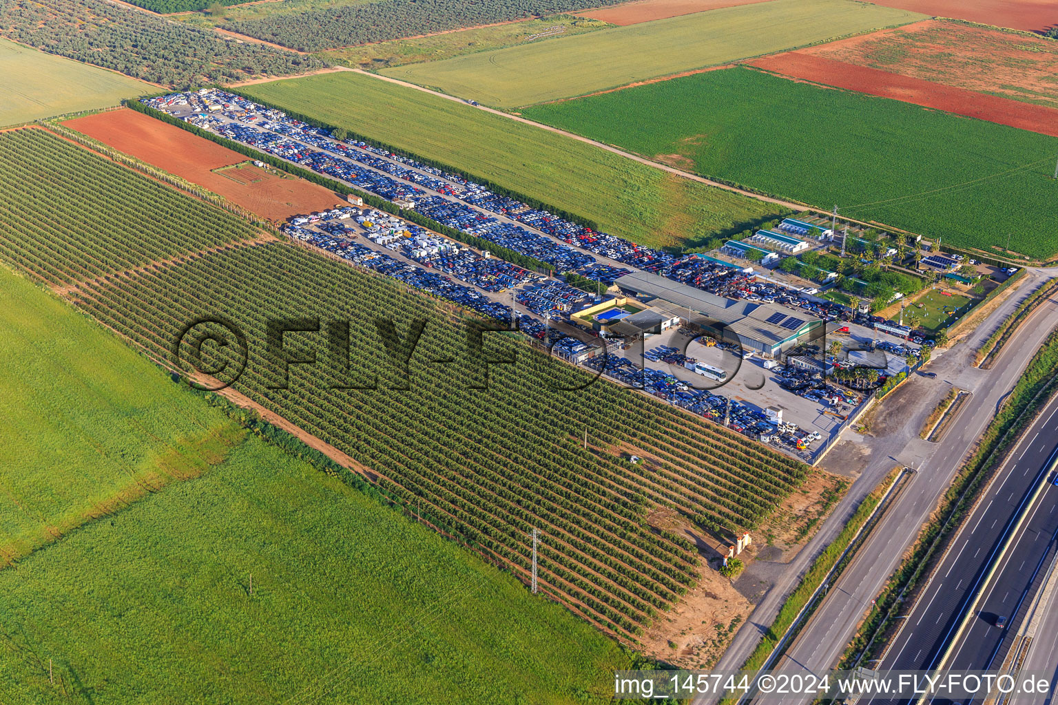 Reihen von gestapelten alten Fahrzeugen auf dem Schrottplatz Desguace Siglo 21 in Dos Hermanas im Bundesland Sevilla, Spanien
