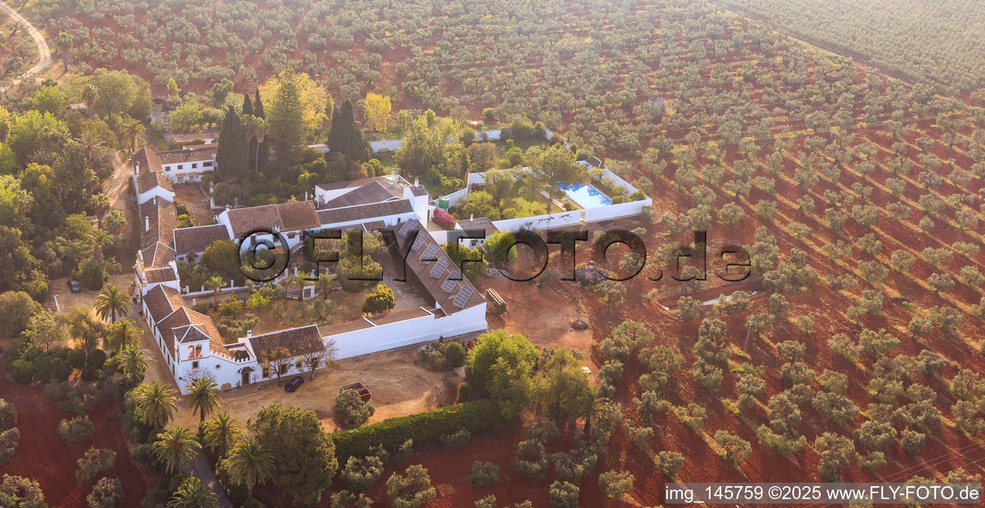 Luftbild von Hacienda nueva del Rosario zwischen Olivenbaumplantagen an der A-4 Autovia del Sur in Dos Hermanas im Bundesland Sevilla, Spanien