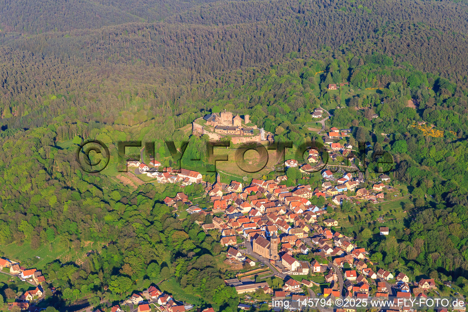 Luftbild von Ortsansicht in den Nordvogesen aus Westen unter dem Château de Lichtenberg im Bundesland Bas-Rhin, Frankreich