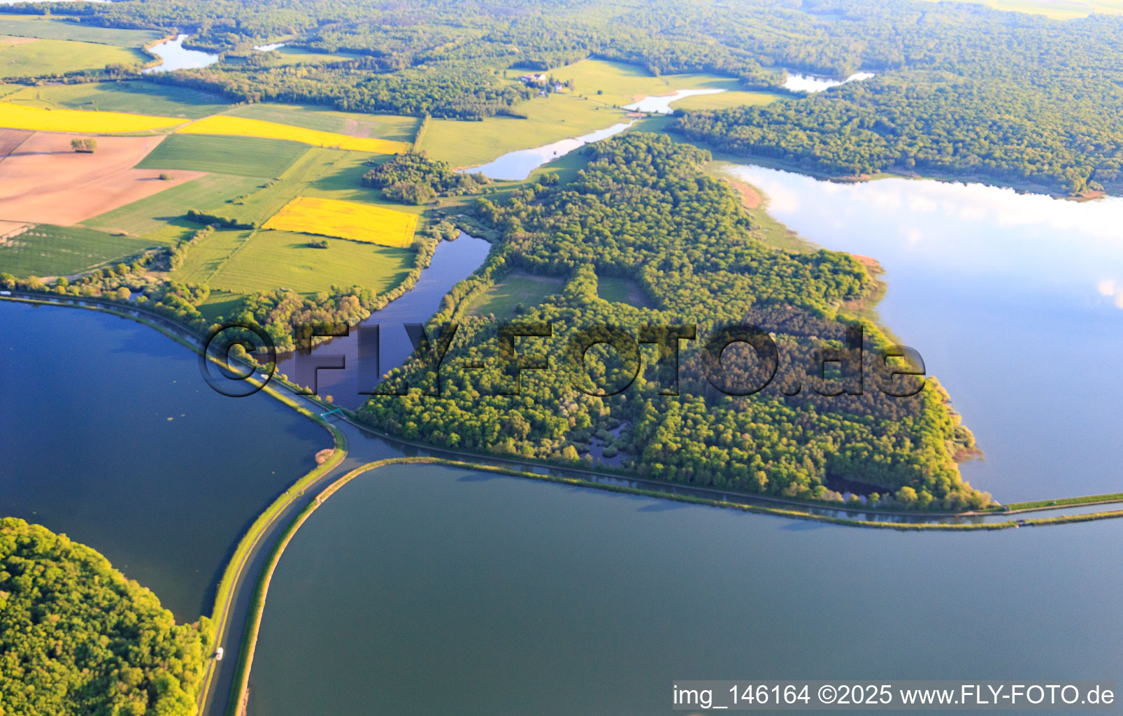 Schrägluftbild von Kreuzung der beiden Kanäle Rhein Marne Kanal und Canal des houllères de la Sarre in den Seen Le Petit Étang und Le Grand Ruisseau in Gondrexange im Bundesland Moselle, Frankreich