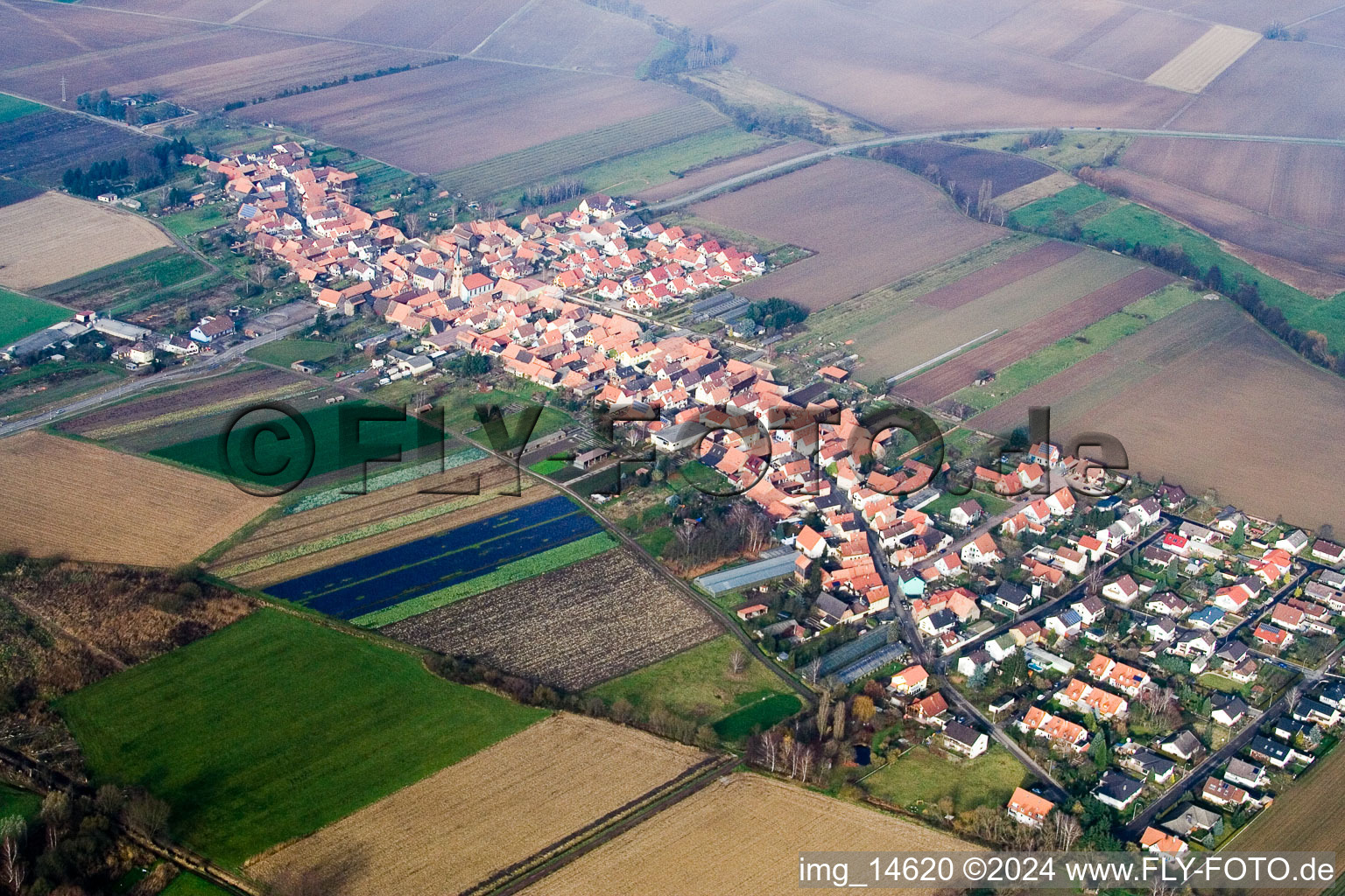 Luftbild von Dorf - Ansicht am Rande von landwirtschaftlichen Feldern und Nutzflächen im Ortsteil Gewerbegebiet Horst in Erlenbach bei Kandel im Bundesland Rheinland-Pfalz, Deutschland