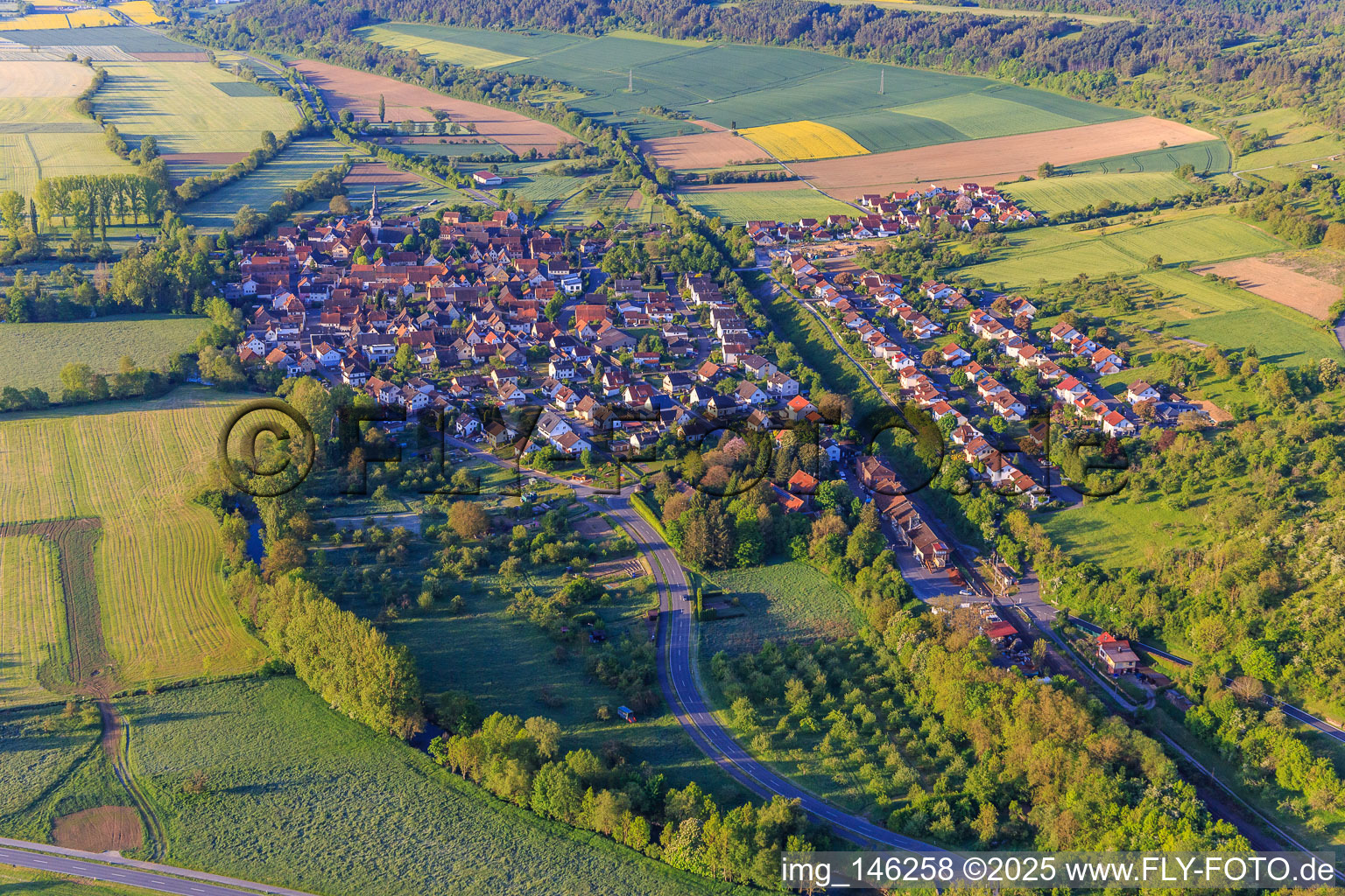 Ortsansicht im lieblichen Taubertal am Morgen aus Norden im Ortsteil Hochhausen in Tauberbischofsheim im Bundesland Baden-Württemberg, Deutschland