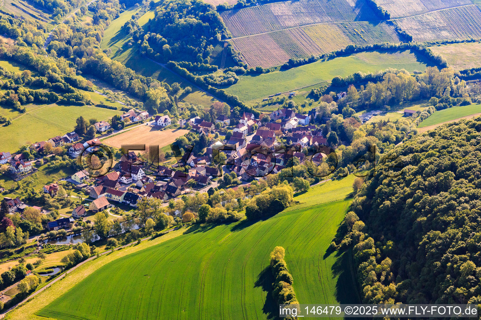 Dorfansicht im lieblichen Taubertal am Morgen aus Westen im Ortsteil Tauberzell in Adelshofen im Bundesland Bayern, Deutschland
