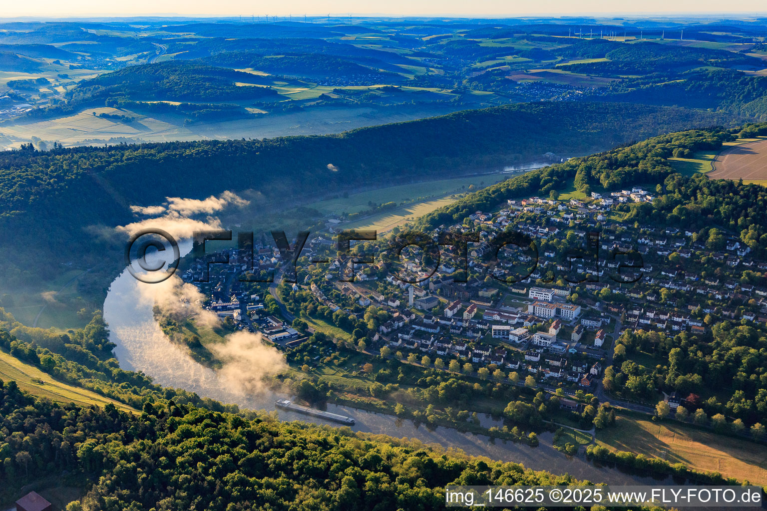 Ortsansicht aus Westen im Maintal im Ortsteil Eichel in Wertheim im Bundesland Baden-Württemberg, Deutschland