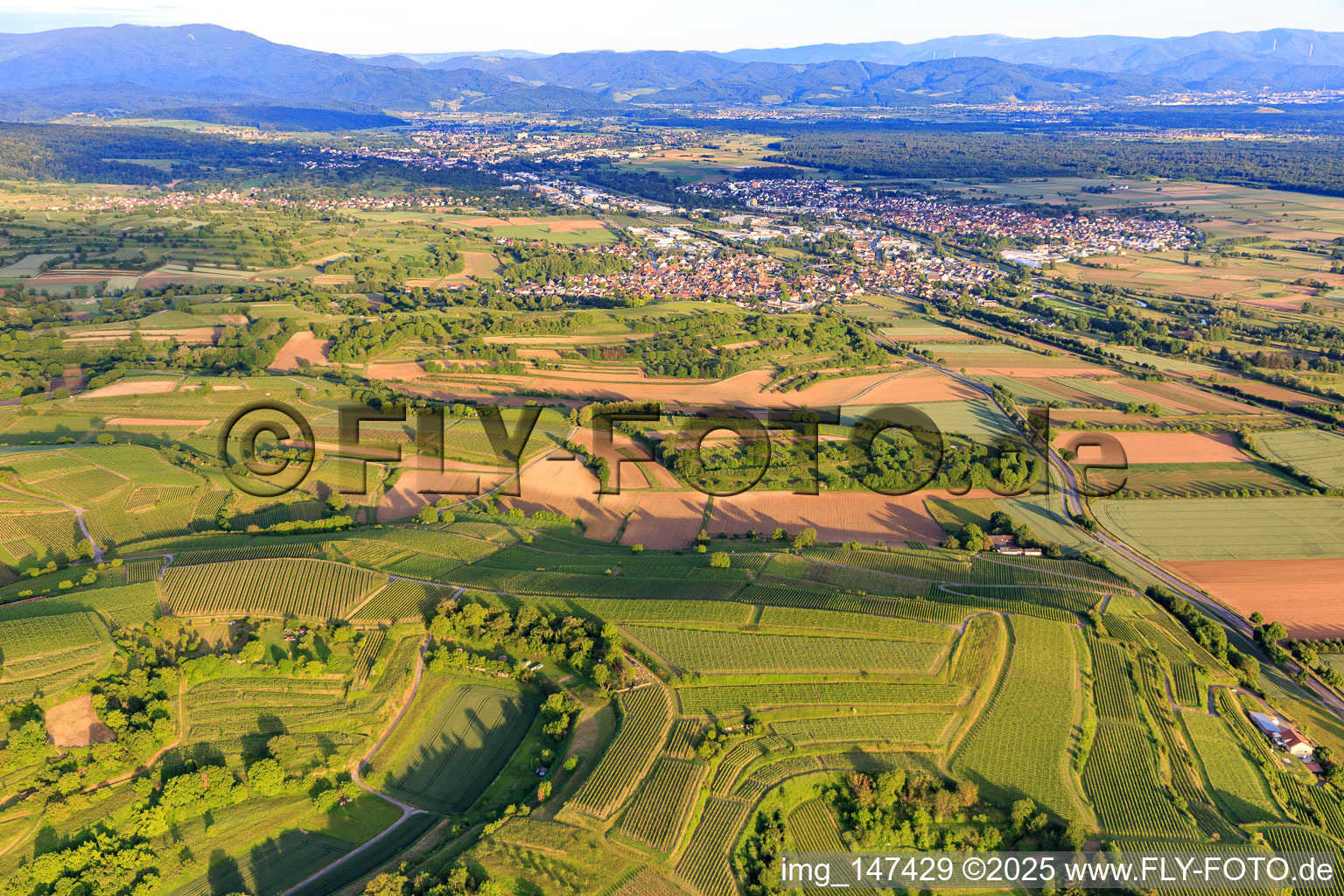 Ortsansicht im Elz-Tal aus Nordwesten im Ortsteil Köndringen in Teningen im Bundesland Baden-Württemberg, Deutschland