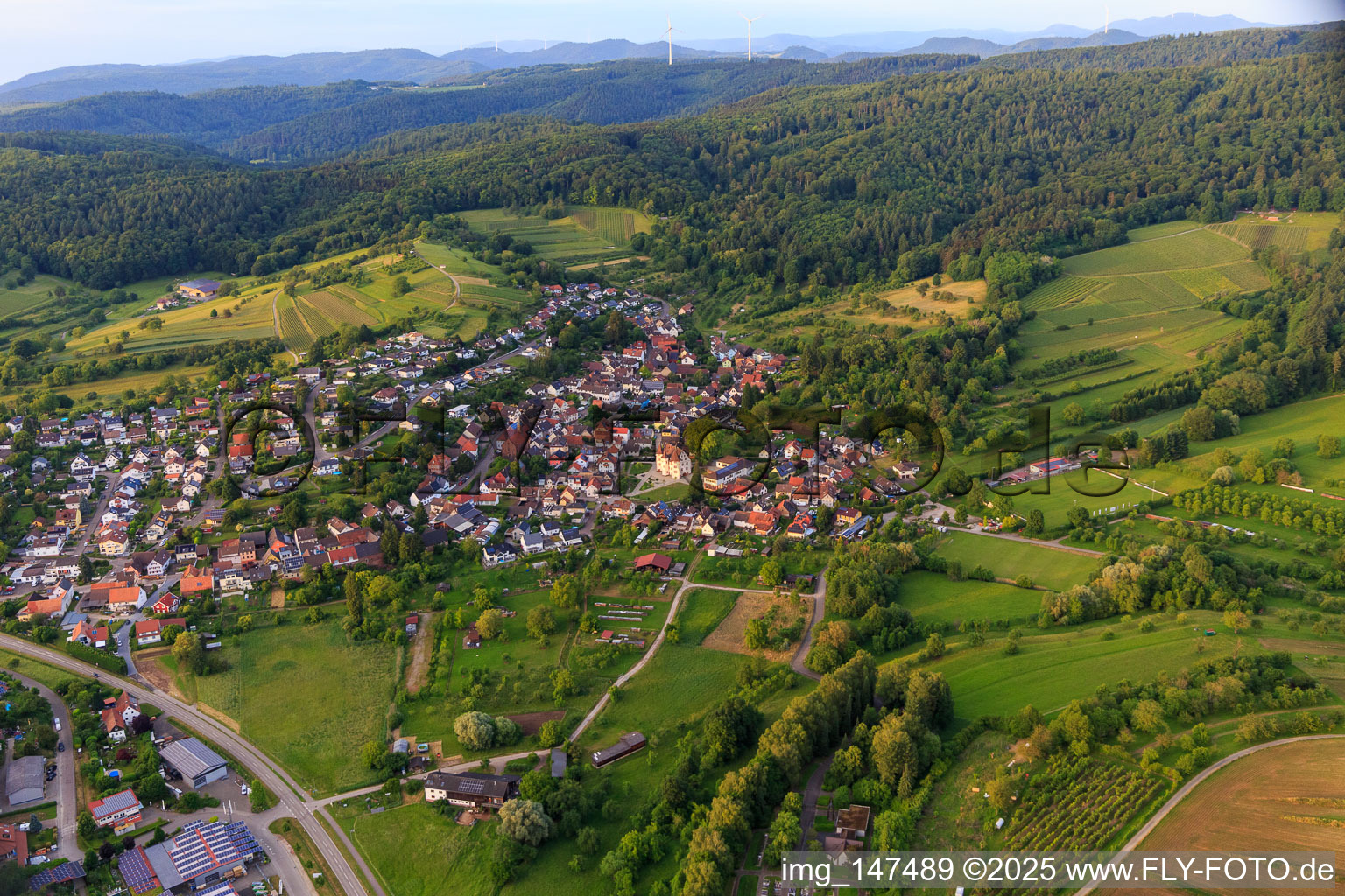 Luftbild von Dorfansicht von Südwesten mit  Schmieheimer Schloss in Kippenheim im Bundesland Baden-Württemberg, Deutschland
