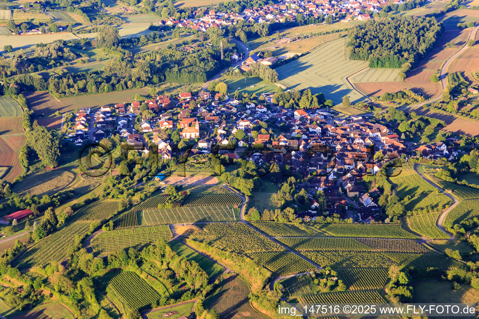 Winzerdorfansicht aus Norden im Ortsteil Tutschfelden in Herbolzheim im Bundesland Baden-Württemberg, Deutschland