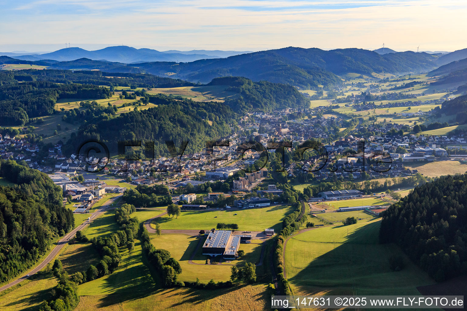 Stadtansicht im Elz-Tal aus Südwesten in Elzach im Bundesland Baden-Württemberg, Deutschland