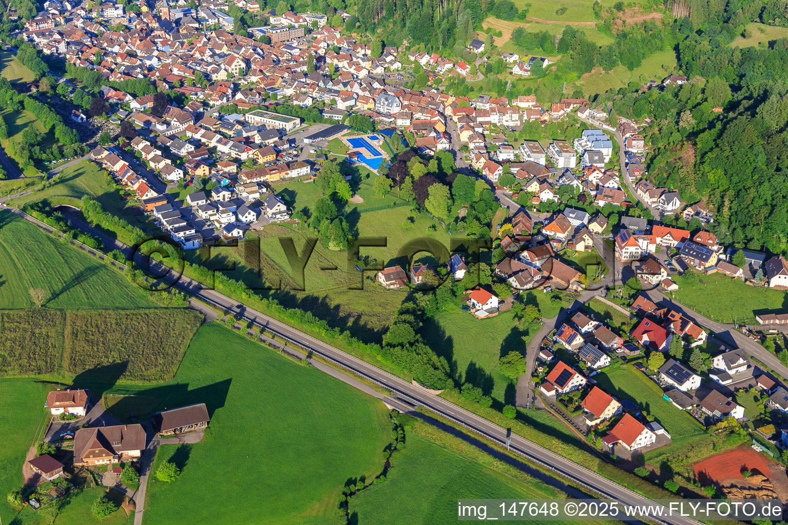 Dorfansicht im Elz-Tal aus Nordosten im Ortsteil Wellishöfe in Elzach im Bundesland Baden-Württemberg, Deutschland