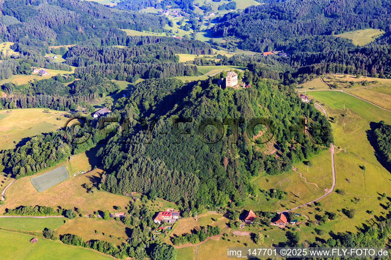 Luftbild von Burgruine Hohengeroldseck auf dem Schloßberg von Süden in Seelbach im Bundesland Baden-Württemberg, Deutschland