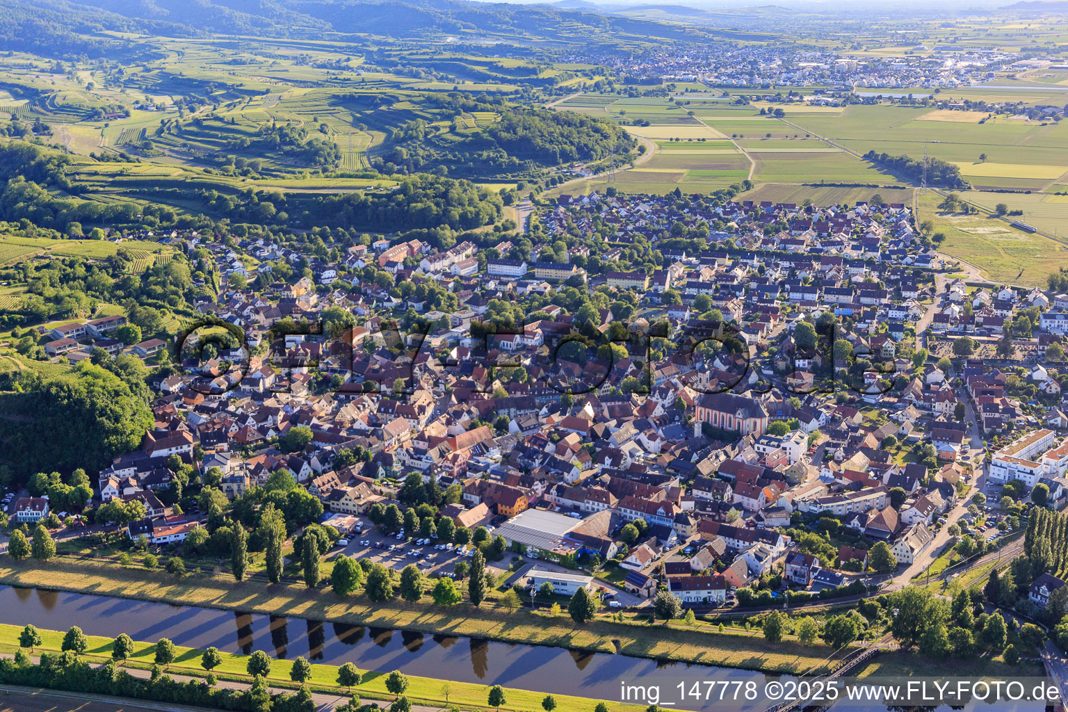 Stadtansicht jenseits des Leopoldskanal aus Osten in Riegel am Kaiserstuhl im Bundesland Baden-Württemberg, Deutschland