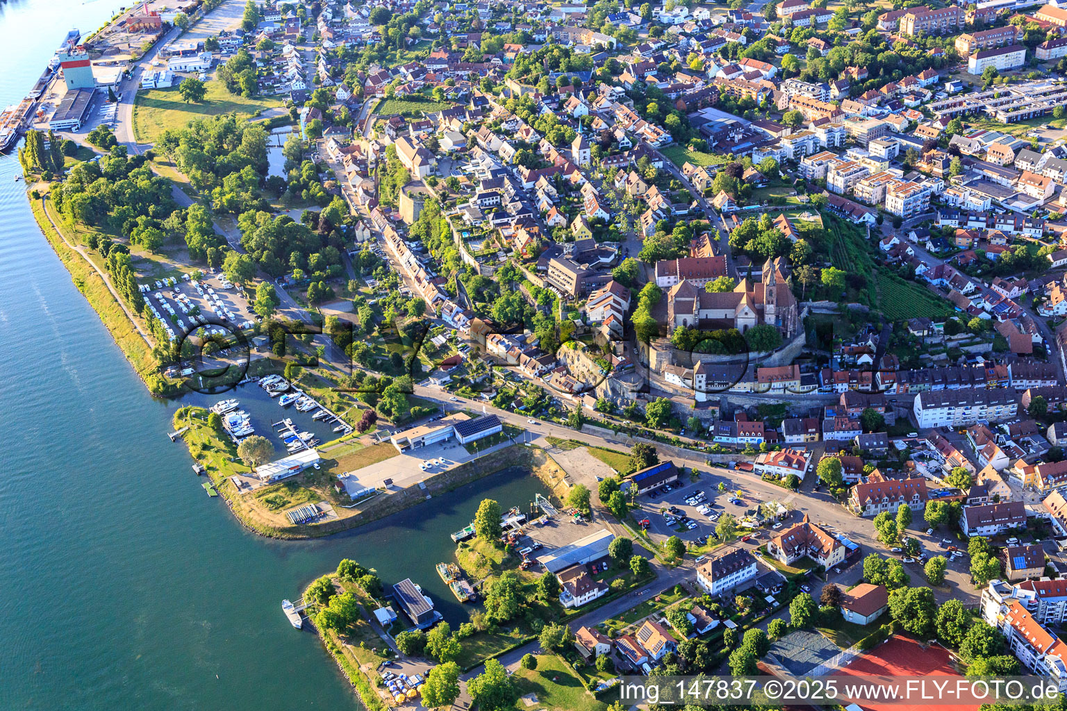 Stadtansicht am Rheinufer von Südwesten in Breisach am Rhein im Bundesland Baden-Württemberg, Deutschland