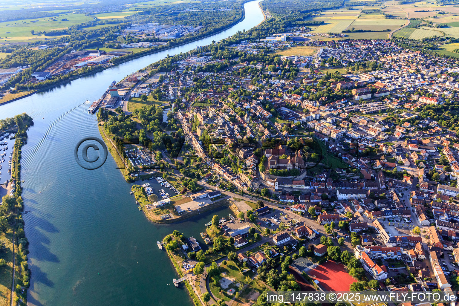 Stadtübersicht am Rheinufer von Südwesten in Breisach am Rhein im Bundesland Baden-Württemberg, Deutschland