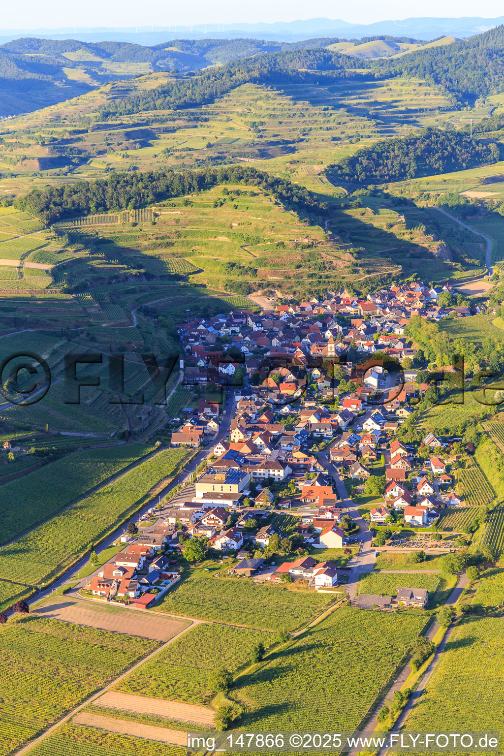 Winzerdorf im Kaiserstuhl aus Südwesten im Ortsteil Achkarren in Vogtsburg im Kaiserstuhl im Bundesland Baden-Württemberg, Deutschland
