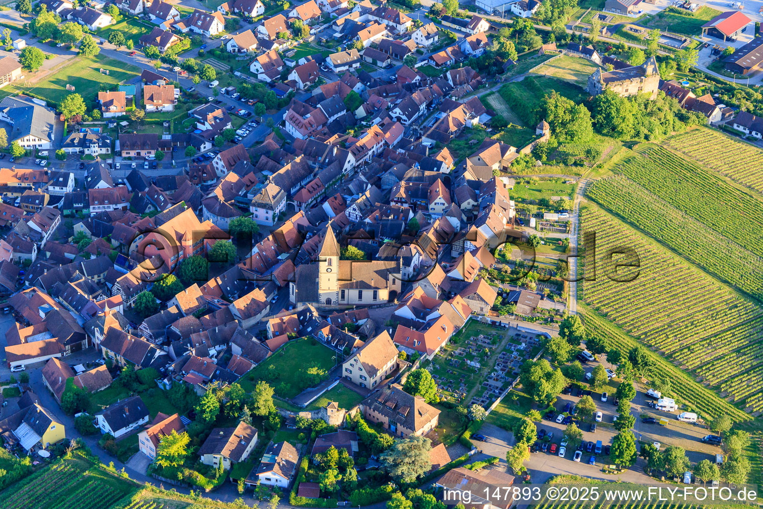 Kirche St. Pankratius und Friedhof im Ortsteil Burkheim in Vogtsburg im Kaiserstuhl im Bundesland Baden-Württemberg, Deutschland