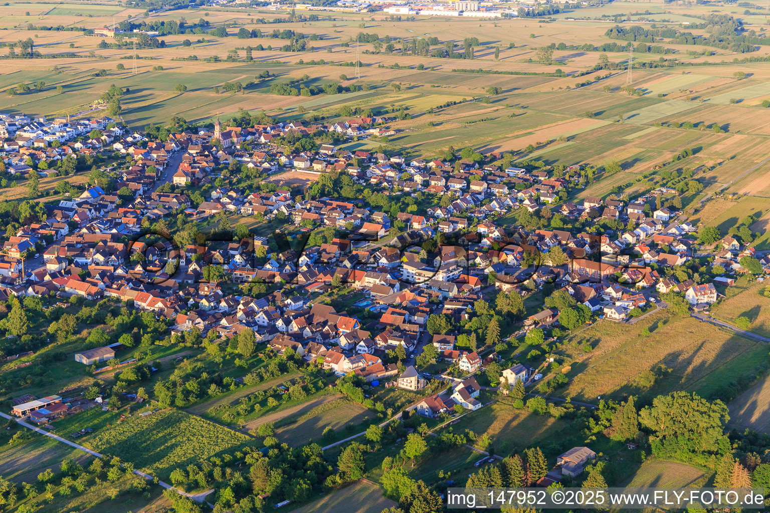 Ortsübersicht von Westen im Ortsteil Oberhausen in Rheinhausen im Bundesland Baden-Württemberg, Deutschland