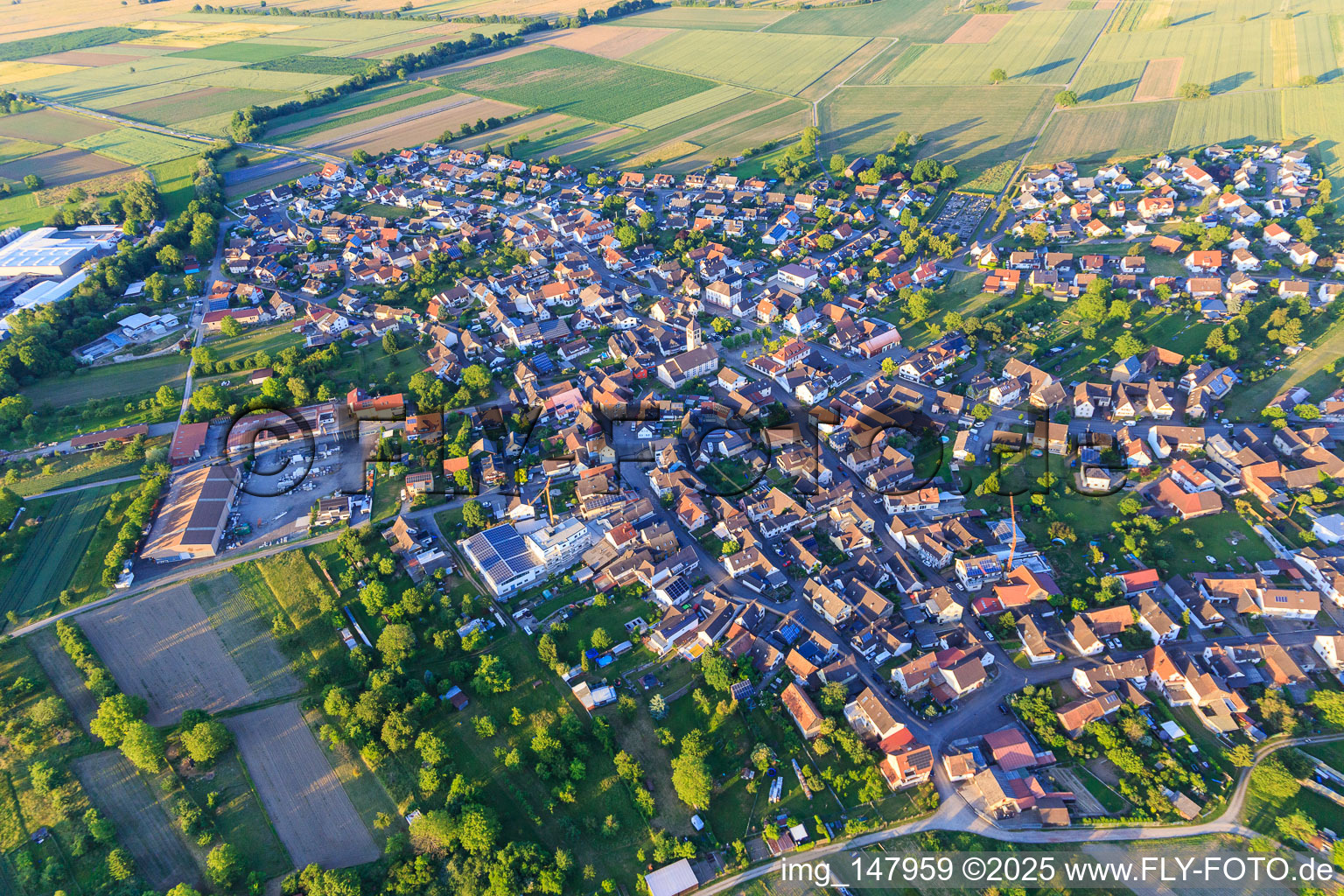 Ortsübersicht von Westen mit Witt GmbH im Ortsteil Niederhausen in Rheinhausen im Bundesland Baden-Württemberg, Deutschland