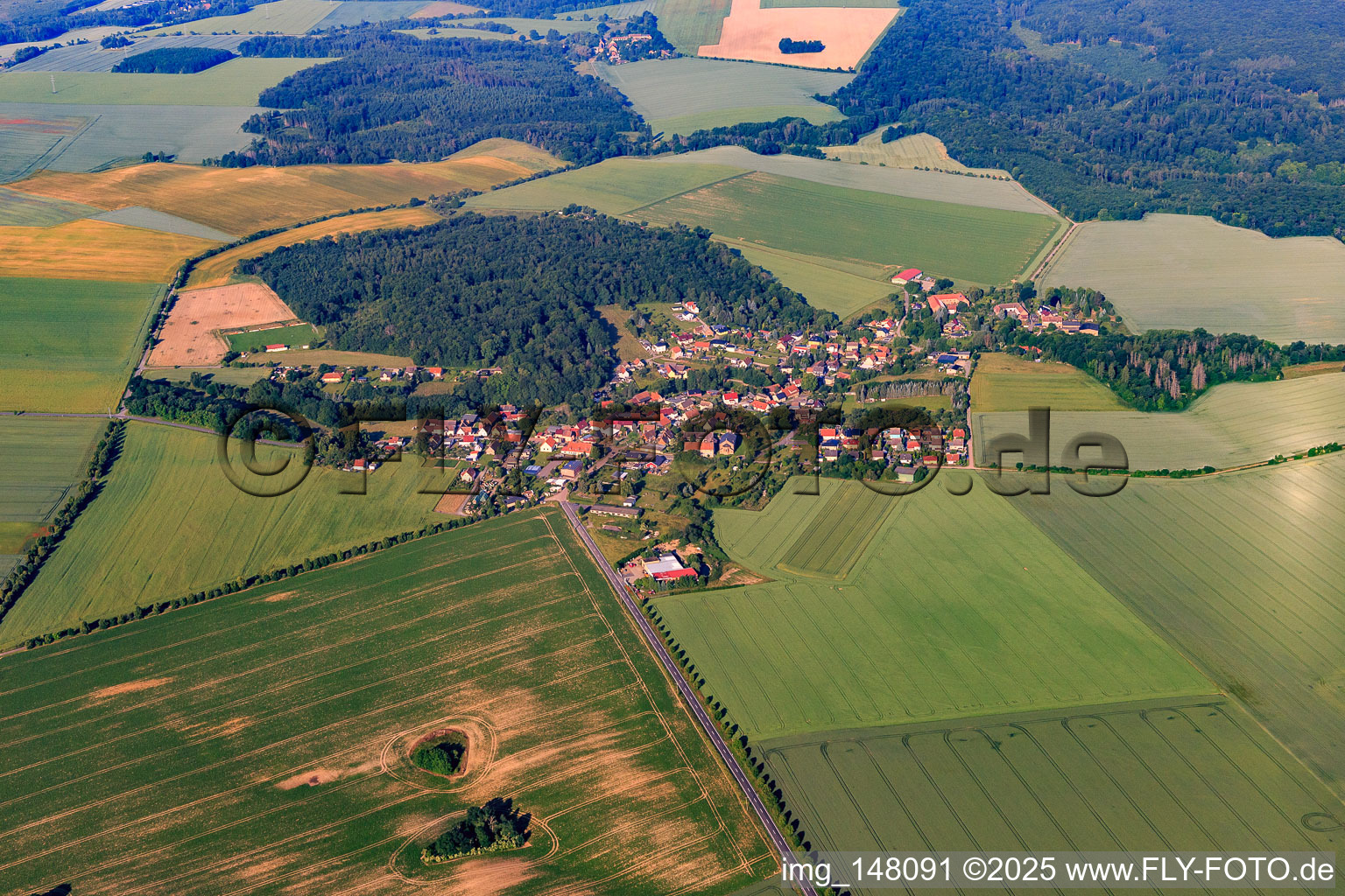 Dorfansicht aus Nordosten im Ortsteil Bräunrode in Arnstein im Bundesland Sachsen-Anhalt, Deutschland