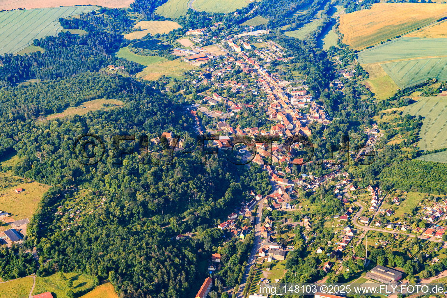 Luftbild von Ortsansicht aus Norden mit Schloss Mansfeld im Bundesland Sachsen-Anhalt, Deutschland