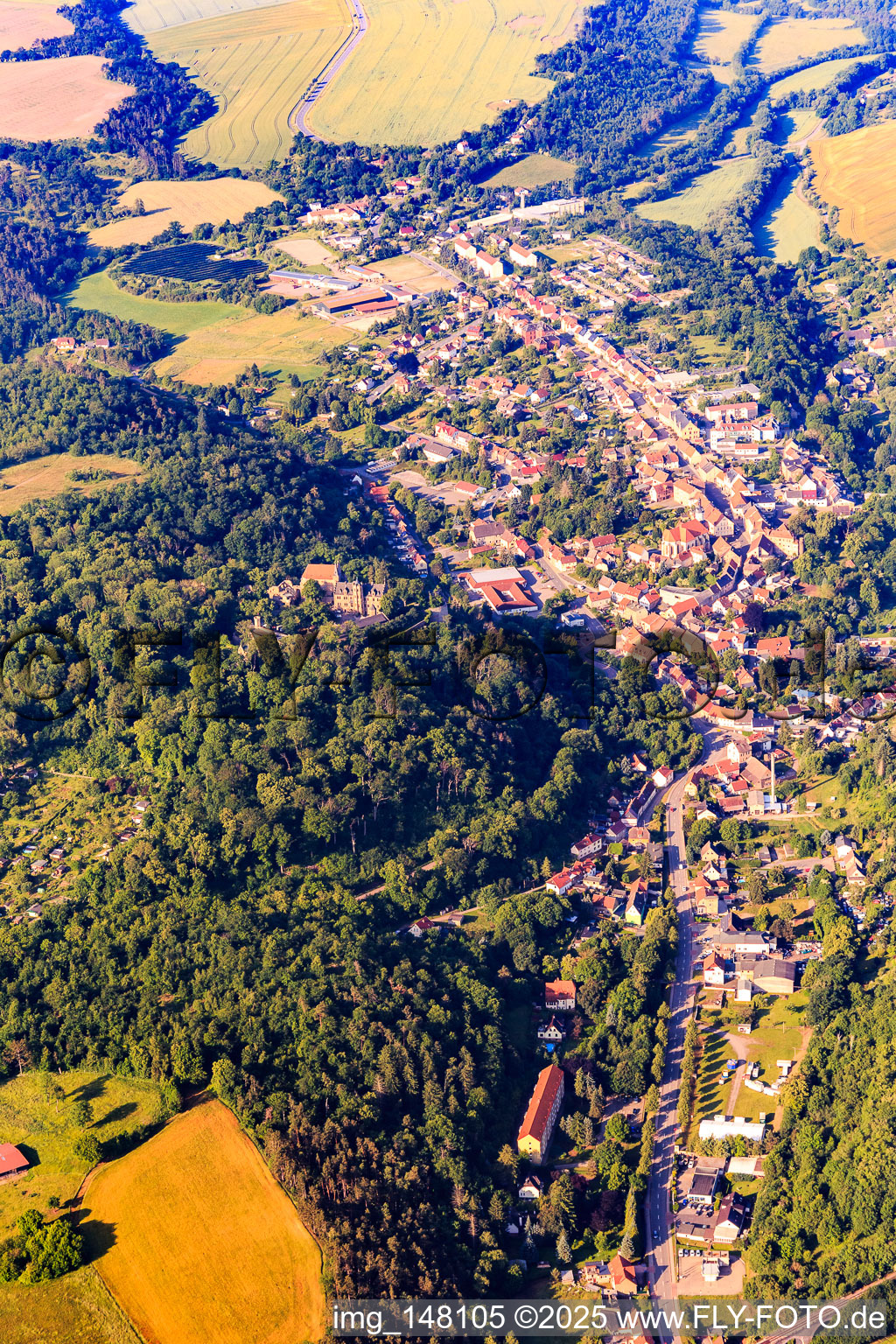 Luftaufnahme von Ortsansicht aus Norden mit Schloss Mansfeld im Bundesland Sachsen-Anhalt, Deutschland