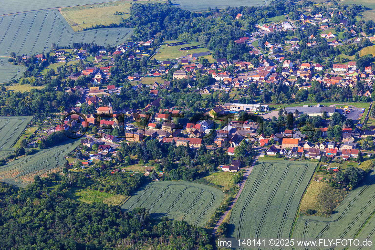 Dorfansicht aus Norden im Ortsteil Volkstedt in Eisleben im Bundesland Sachsen-Anhalt, Deutschland