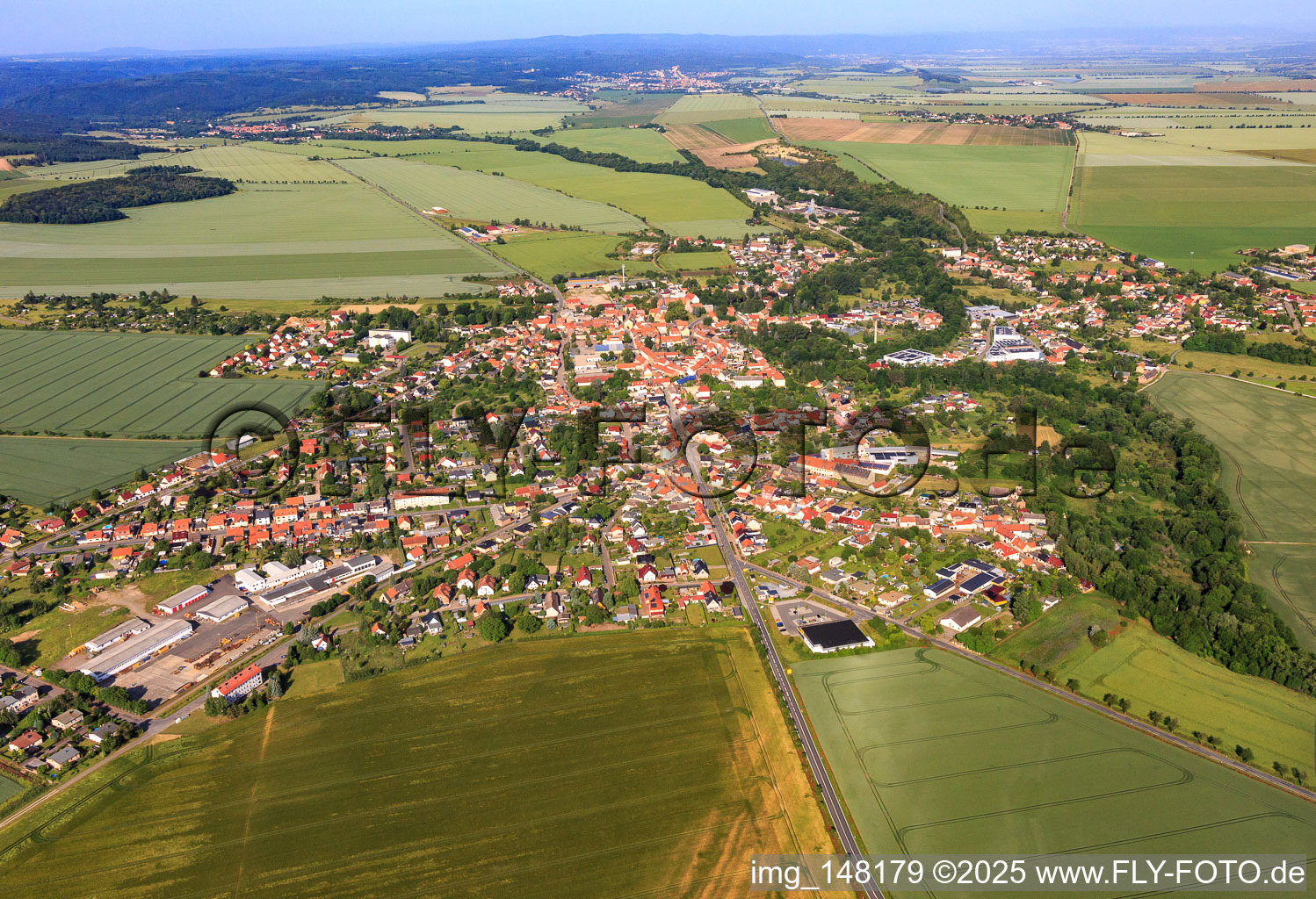 Stadtansicht aus Osten im Ortsteil Ermsleben in Falkenstein im Bundesland Sachsen-Anhalt, Deutschland