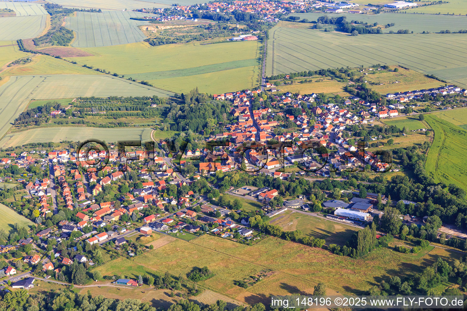 Dorfansicht aus Osten im Ortsteil Weddersleben in Thale im Bundesland Sachsen-Anhalt, Deutschland