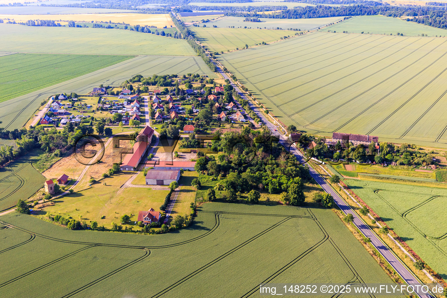 Siedlung an der B79 aus Nordosten im Ortsteil Münchenhof in Quedlinburg im Bundesland Sachsen-Anhalt, Deutschland
