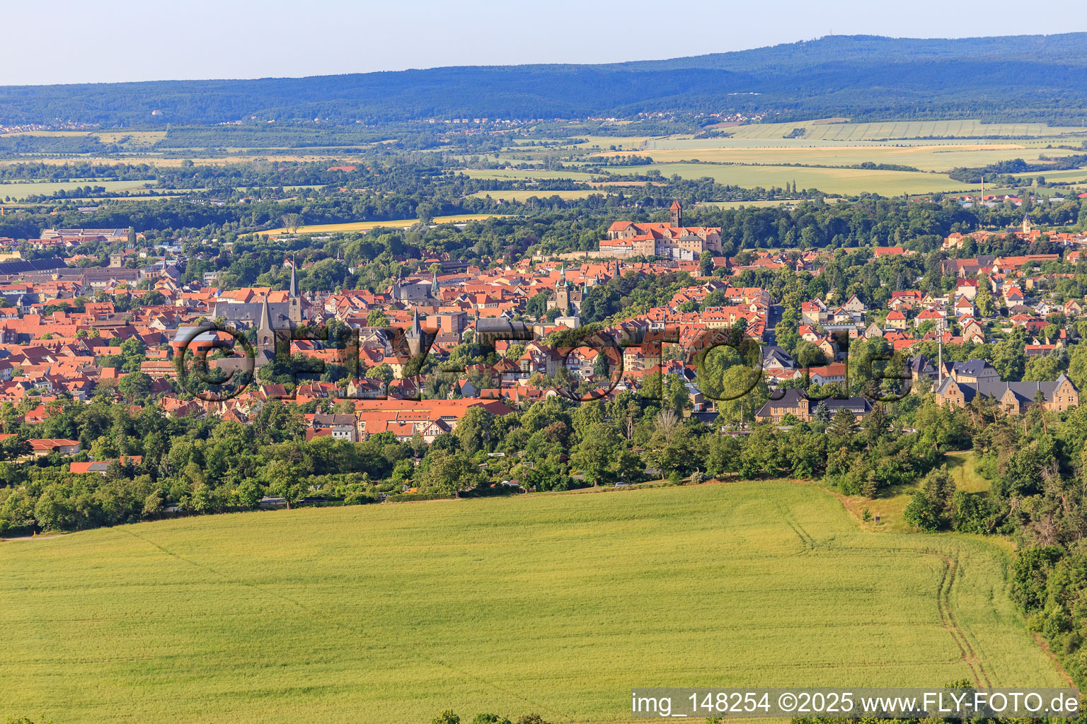 Stadtansicht aus Nordosten mit Dom Stiftskirche St. Servatii in Quedlinburg im Bundesland Sachsen-Anhalt, Deutschland