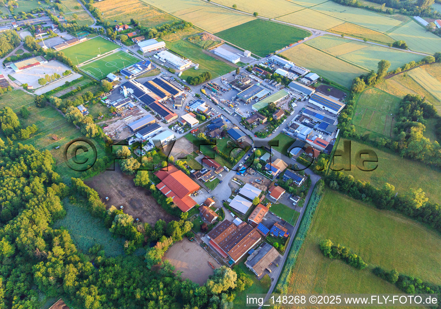 Industriegebiet Industriestraße mit Union Bauzentrum Hornbach Billigheim, Reitstall Petra Egalite und Sportpferde Hasche in Billigheim-Ingenheim im Bundesland Rheinland-Pfalz, Deutschland