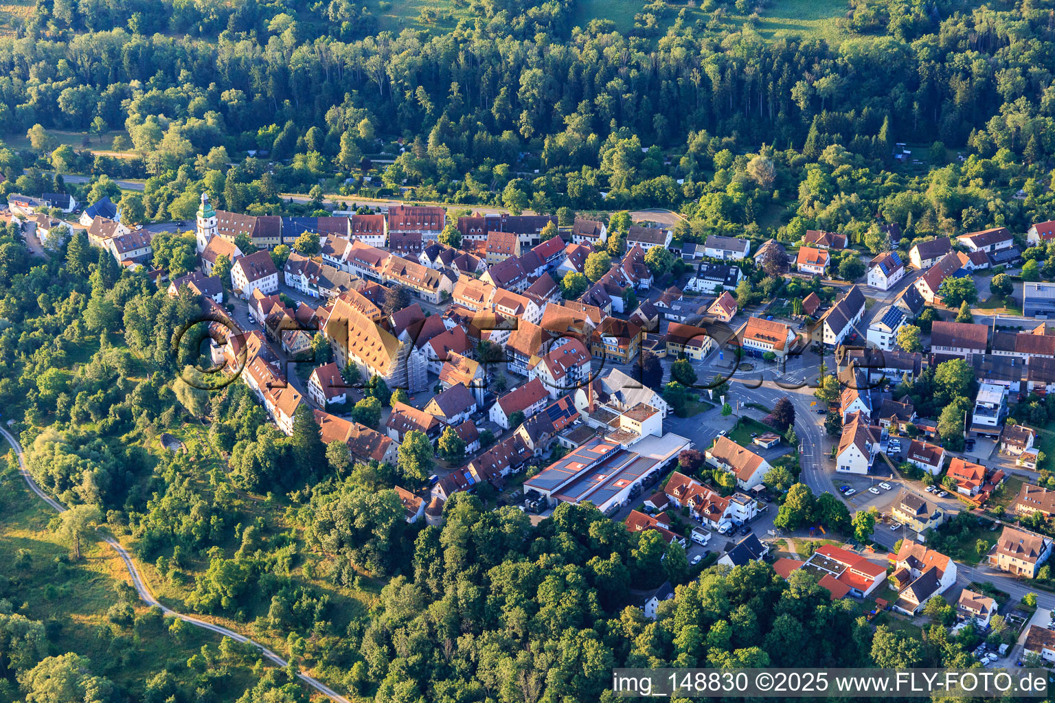Historischer Ortskern mit Fruchtkasten und Stadtkirche in Rosenfeld im Bundesland Baden-Württemberg, Deutschland