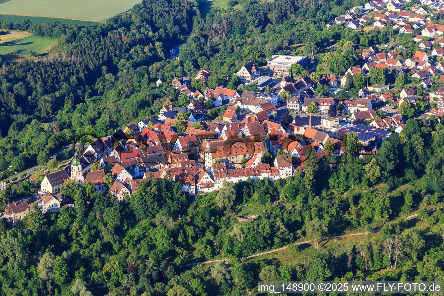 Schrägluftbild von Historischer Ortskern mit Fruchtkasten und Stadtkirche in Rosenfeld im Bundesland Baden-Württemberg, Deutschland