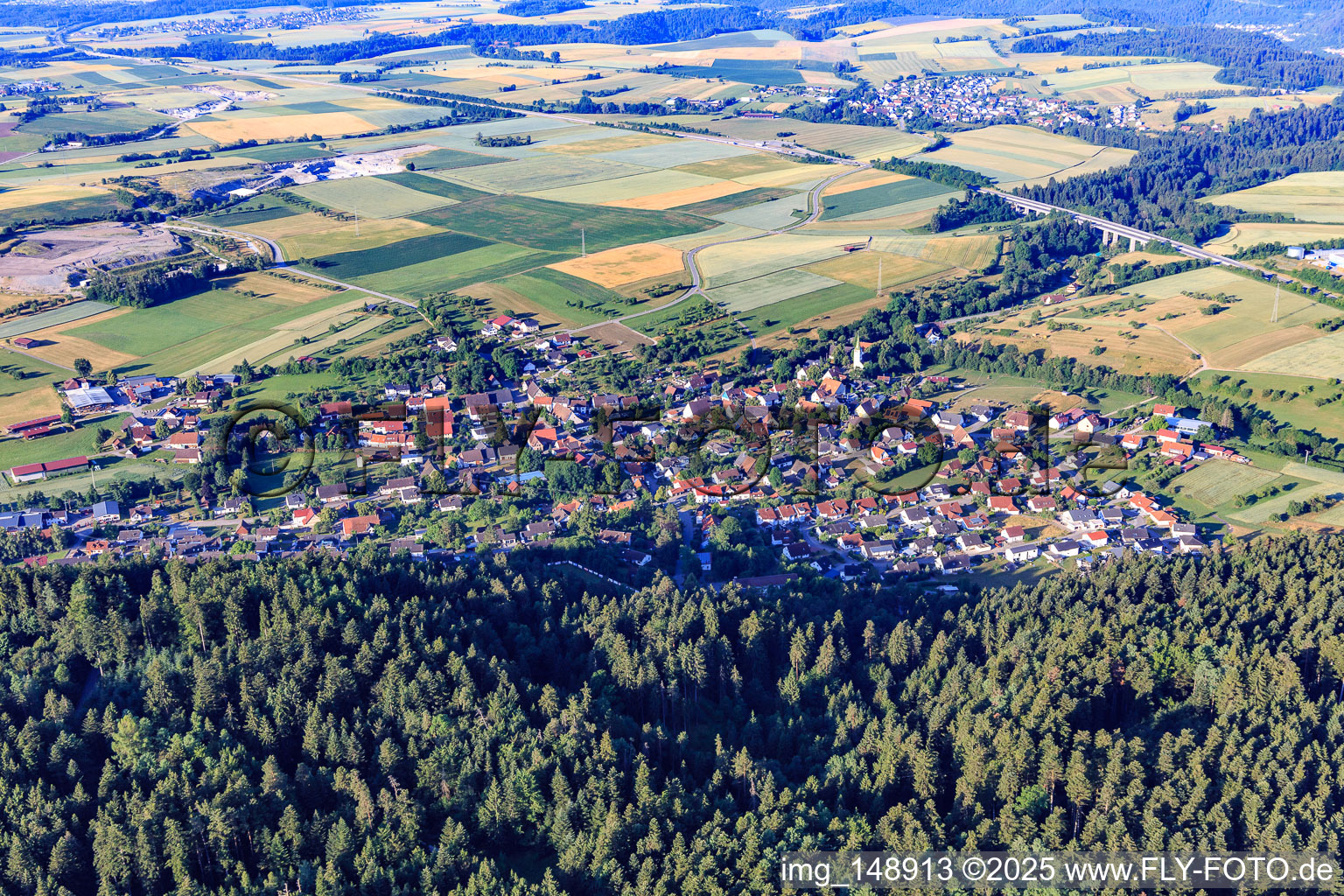 Dorfansicht aus Norden im Ortsteil Trichtingen in Epfendorf im Bundesland Baden-Württemberg, Deutschland